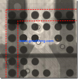 BGA錫球尺寸小于0.4mm，采用降低BGA內(nèi)圍襲球的錫膏量所得到X-Ray，稍微留意一下可以發(fā)現(xiàn)最外圈的錫量(圓的直徑)比其他內(nèi)圍的錫球上的錫量來得多一點點。也就是外圈的黑色圓形直徑比內(nèi)圈的圓形來得大一點點。