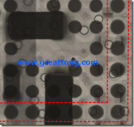 BGA錫球尺寸小于0.4mm，采用降低BGA內(nèi)圍襲球的錫膏量所得到X-Ray，稍微留意一下可以發(fā)現(xiàn)最外圈的錫量(圓的直徑)比其他內(nèi)圍的錫球上的錫量來得多一點點。也就是外圈的黑色圓形直徑比內(nèi)圈的圓形來得大一點點。