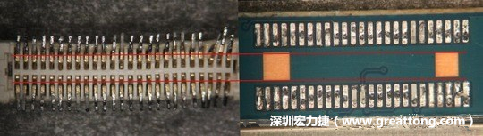 把板對(duì)板連接器與其電路板的佈線焊墊作一個(gè)比較，端子的切斷面有毛邊的地方剛好對(duì)到了裸銅區(qū)。
