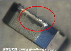 使用錫(Sn)鍍層的電源電感器(Power Inductors)，經過推力測試后，其焊點還保留在零件的端點上，所以推力比較高。