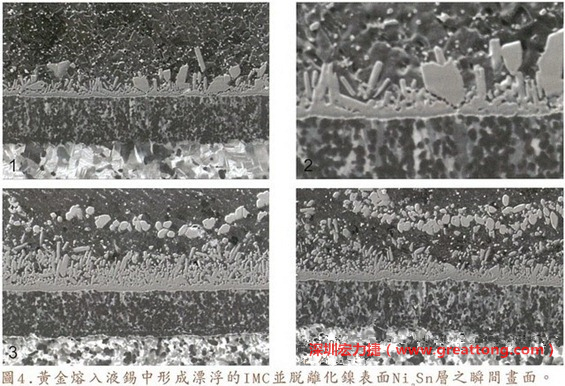 下面四張圖片為放大4500倍的SEM圖像，說明在回流焊爐熱量不足的情況下，黃金成份正要從鎳層分離融入焊錫之中的瞬間，當(dāng)零件遭受外力沖擊的時(shí)候就極有可能從這一整排AuSn、、AuSn2或AuSn4的IMC處裂開。