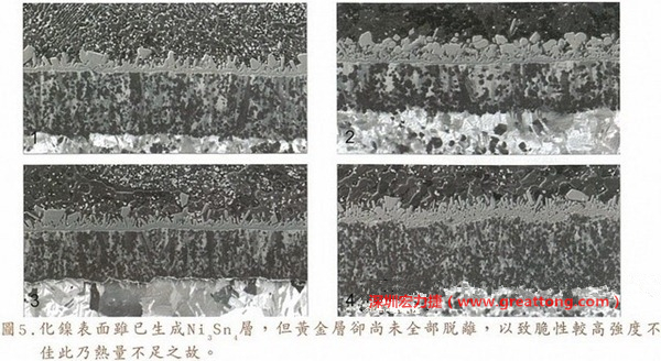 下面四圖顯示，當(dāng)焊接的熱量不足或未持續(xù)時(shí)，雖然Ni3Sn4的薄薄IMC層已經(jīng)生成而焊牢，但也會因?yàn)锳uSn及AuSn2還未來得及逸走，而停留在共金介面附近，當(dāng)有外力拉扯的時(shí)候，就很容易斷裂開來。這就是為何ENIG的焊點(diǎn)強(qiáng)度，始終不如銅面焊點(diǎn)(Cu6Sn5)來得更為牢固的主因之一。