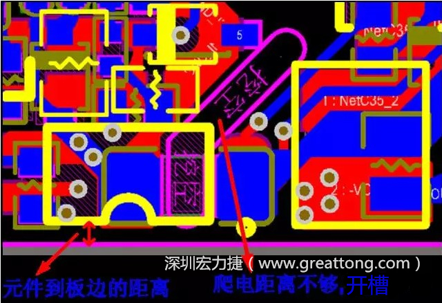 如果碰到模塊PCB空間有限，爬電距離不夠，可以采用開槽的方式