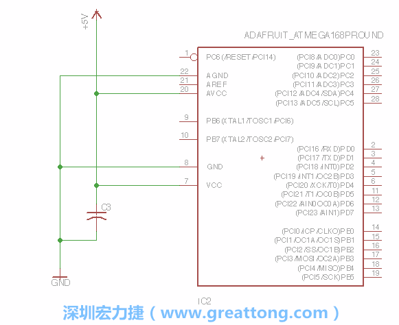 3.1.    新增微控制器晶片（RBBB → ATmega），把它放在電路原理圖的中央附近，把它的兩個(gè)接地接頭連接到接地訊號(hào)端。