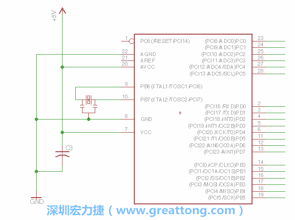 3.2.    在靠近ATmega的電源供應(yīng)針腳7的位置放置一個(gè)0.1μF的電容，將它分別連接電源、接地端和針腳7。