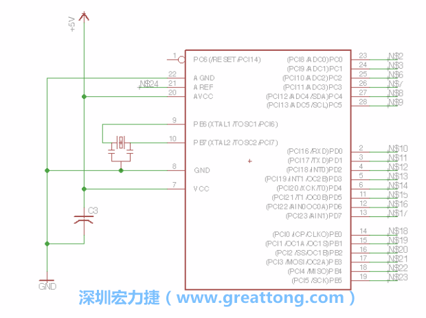 3.3.    將共鳴器（resonator）放置在針腳9和針腳10附近，將它的三個(gè)針腳連接如圖所示，并確認(rèn)最中間的針腳有連到接地端。