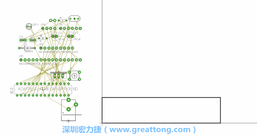 第一次執(zhí)行布線編輯器時，你會發(fā)現(xiàn)有兩個區(qū)塊，左邊的區(qū)塊非?；靵y，而右邊的區(qū)塊則是一個長方形的工作區(qū)域，EAGLE免費(fèi)版會限制你的工作區(qū)域在4” x 3.2”的范圍內(nèi)，如果你試圖將元件擺放在工作區(qū)外的話，就會跳出警示訊息。
