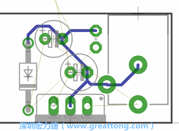 當(dāng)你在擺放元件時，要注意元件間的連結(jié)關(guān)系使用「旋轉(zhuǎn)（Rotate）」工具來讓連結(jié)點更接近、更容易布線。舉例來說，我們可以將這邊的二極體轉(zhuǎn)一個方向來縮短和47μF電容間的連結(jié)距離。