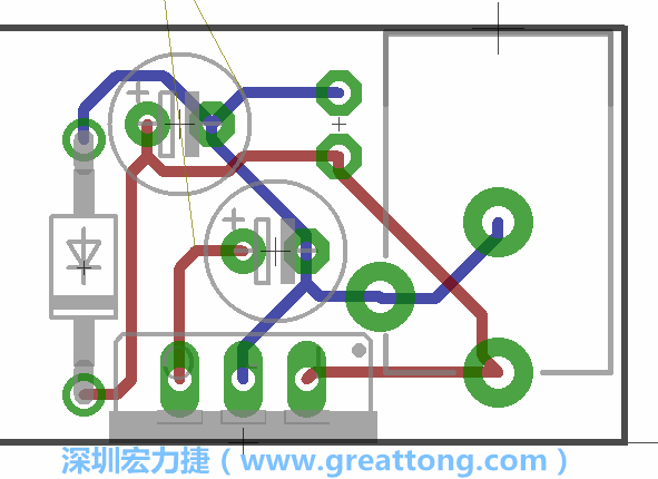 接地連結(jié)點的布線情形如下圖所示，利用這個練習(xí)來避免電路連線銳角化的產(chǎn)生是一個不錯的選擇，你可以在工具列中的彎曲線路（Wire Bend）選項里改變各種布線的變化。