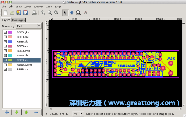 將圖層匯入你的Gerber預(yù)覽工具內(nèi)（下圖為Gerbv），我通常會從上到下重新排列它們的順序，好讓我比較好校對：