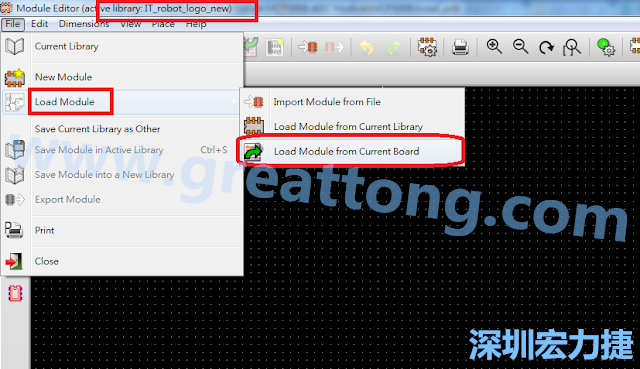 進(jìn)入Module Editor去載入其他Footprint(Module)進(jìn)來(lái)， 從目前的Active library (不過(guò)要先選取一個(gè)Current library ) 載入Module 或從目前正在編輯的PCB載入Module。